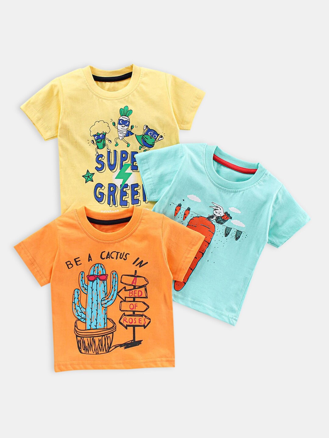 

Hopscotch Boys Pack of 3 Typography Printed Pure Cotton T-shirt, Yellow