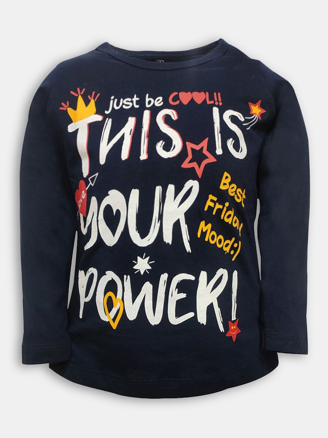 

Hopscotch Girls Navy Blue Typography Printed Raw Edge T-shirt