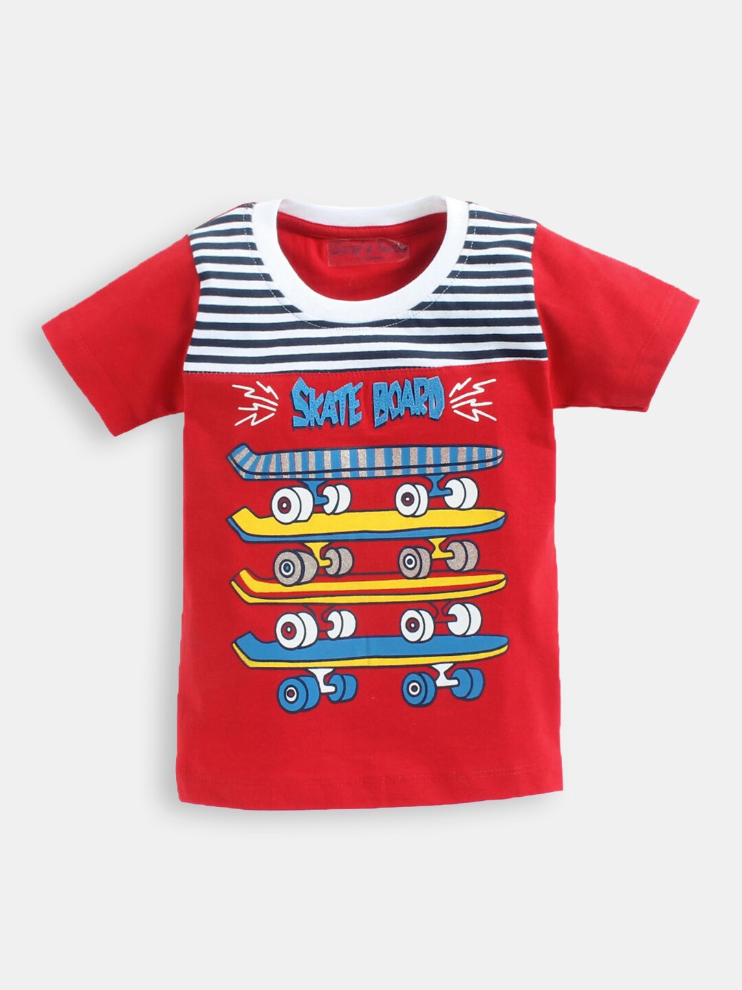 

Hopscotch Boys Red & Navy Blue Striped Cotton T-shirt