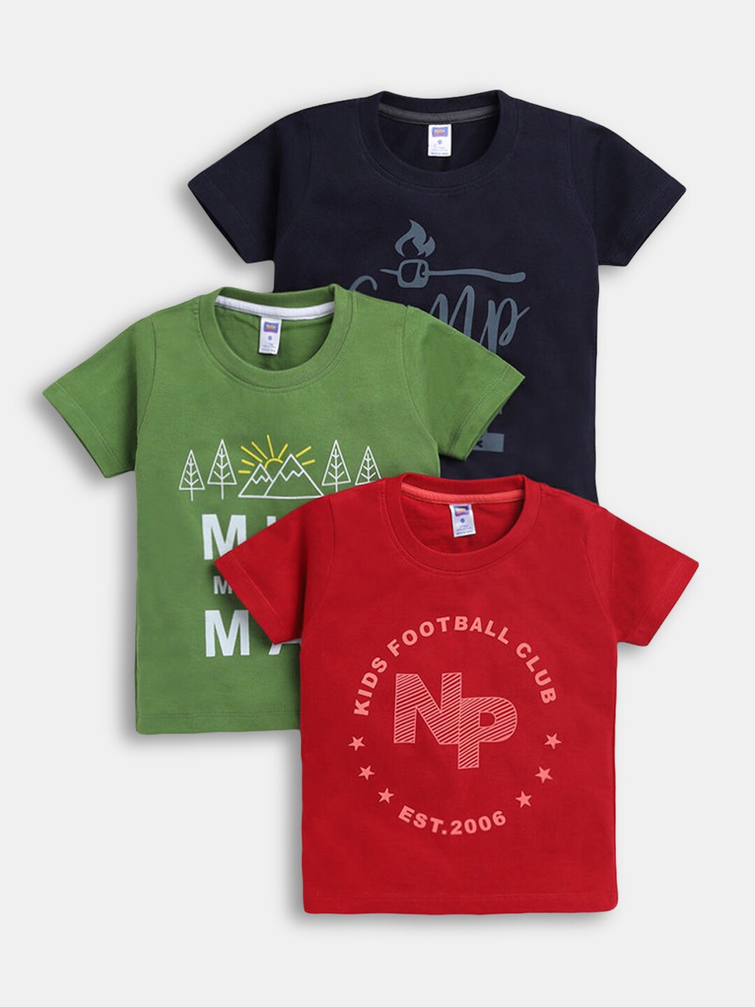 

Hopscotch Boys Set Of 3 Red & Green Typography Printed Cotton T-shirt