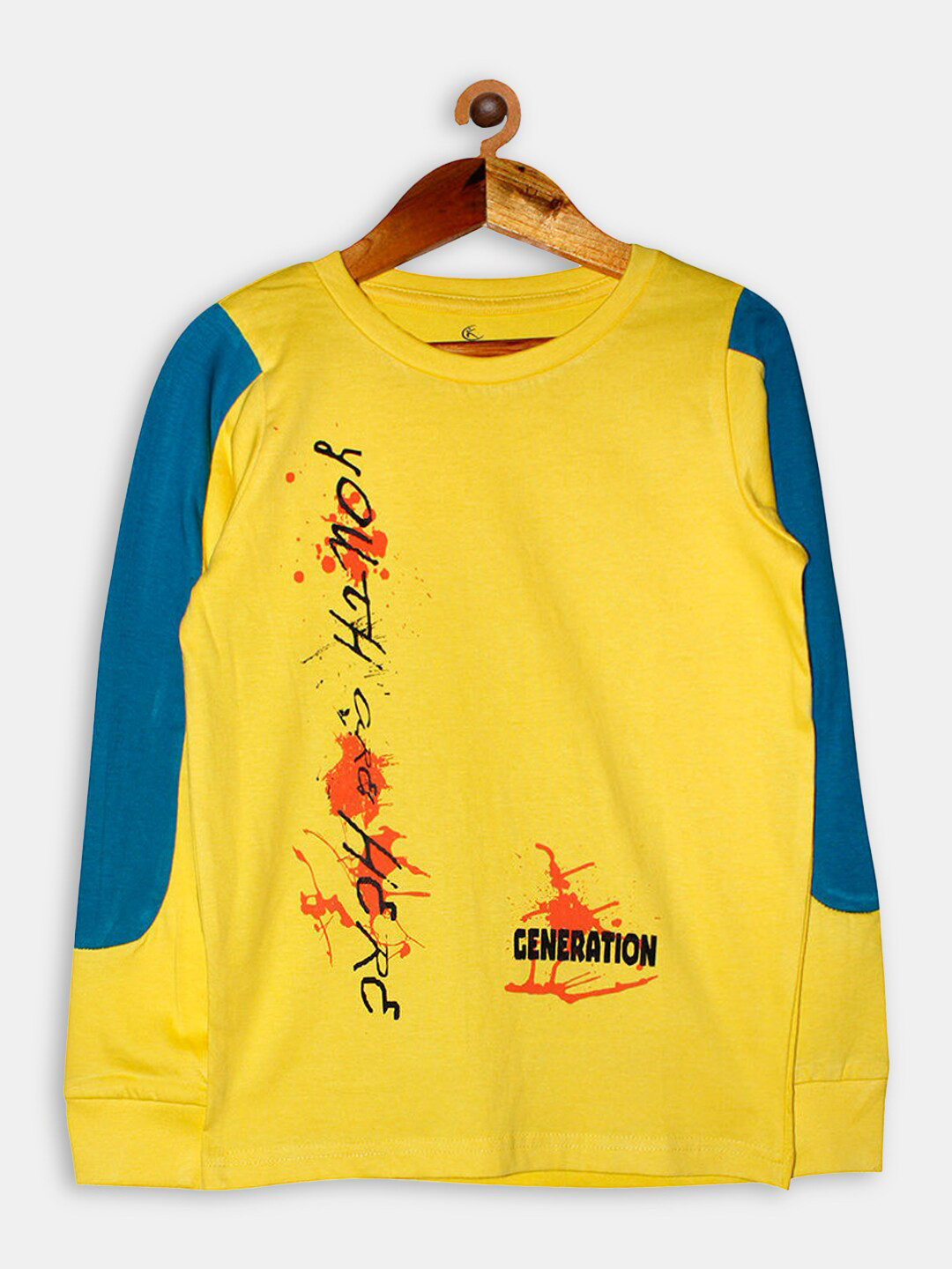 

Hopscotch Boys Yellow & Blue Typography Printed Cotton T-shirt