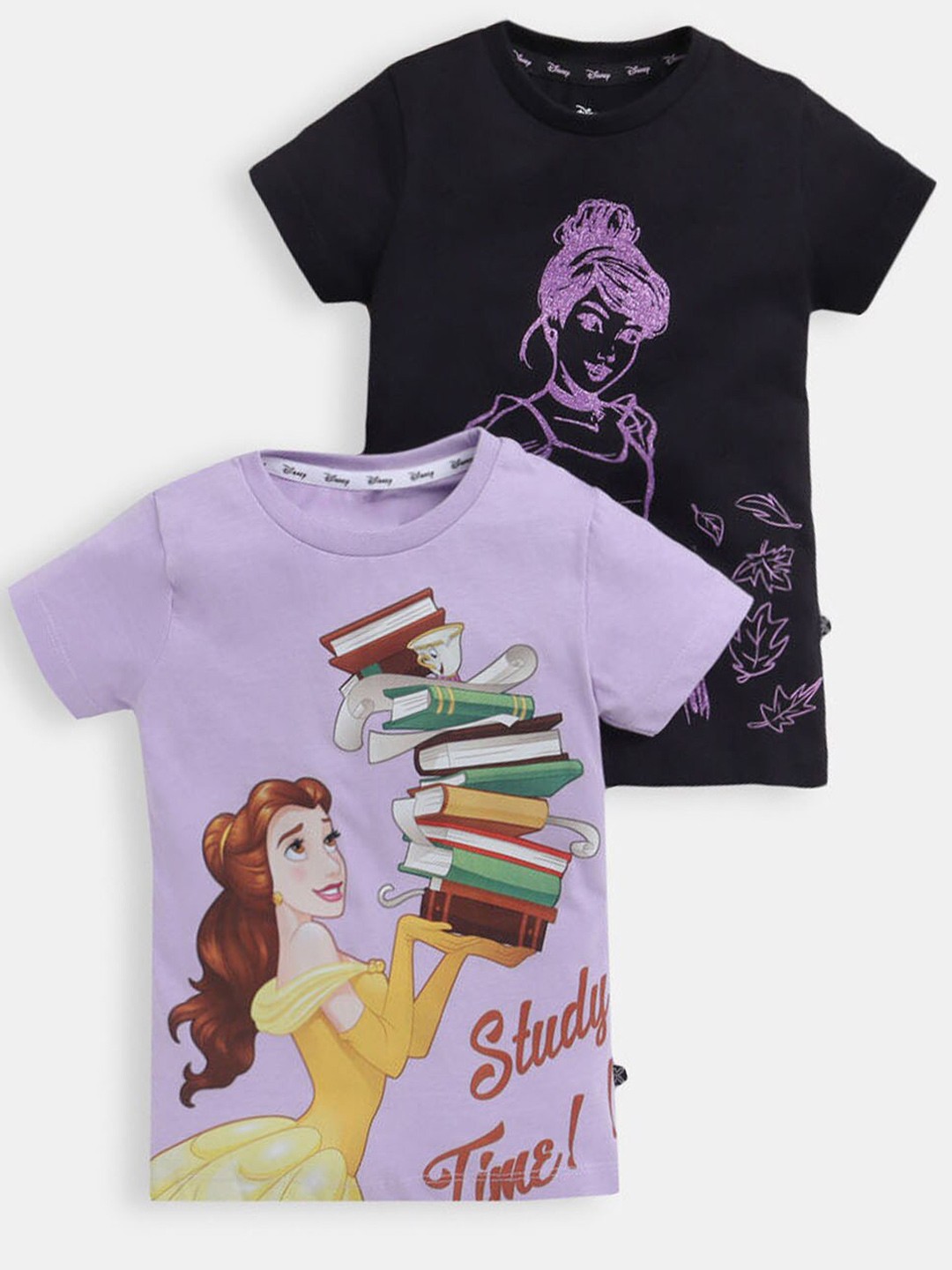 

Hopscotch Girls Set Of 2 Purple & Black Printed Cotton T-shirt