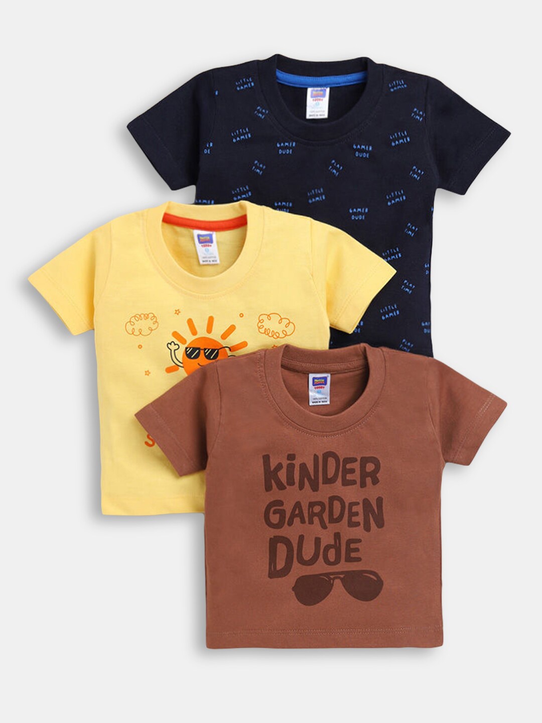 

Hopscotch Boys Set Of 3 Yellow & Navy Blue Typography Printed T-shirt