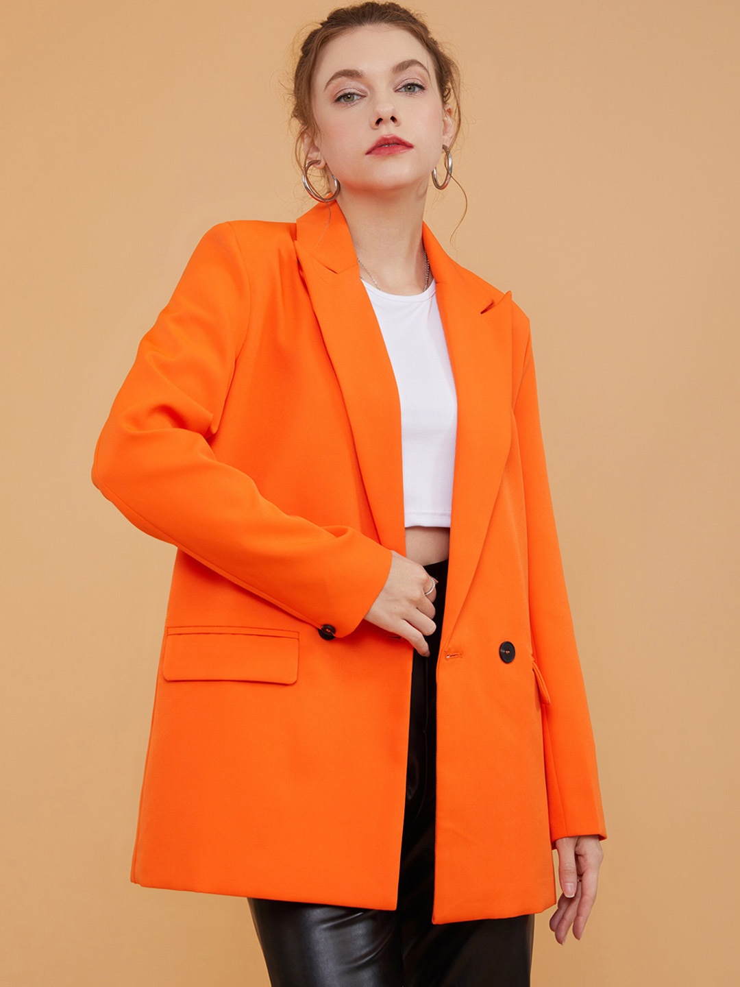 

URBANIC Women Orange-Colored Solid Regular-Fit Single-Breasted Blazer