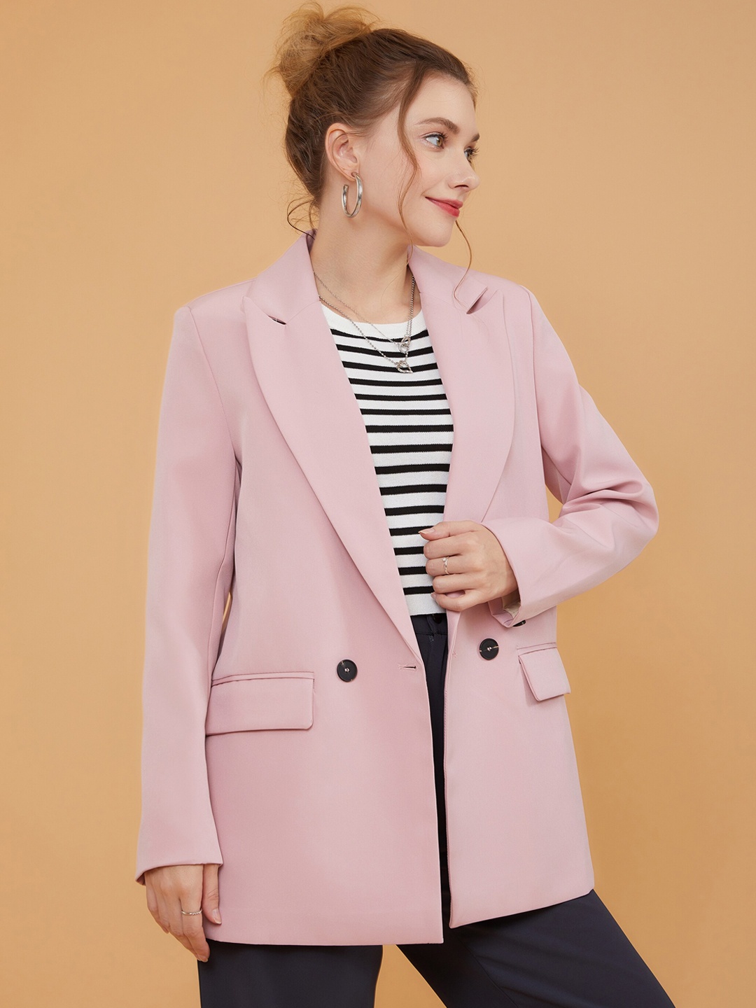 

URBANIC Women Pink Solid Single-Breasted Blazer