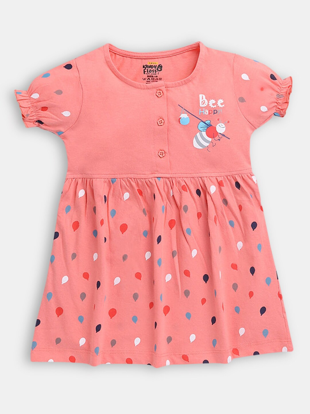 

Hopscotch Peach-Coloured Printed A-Line Dress