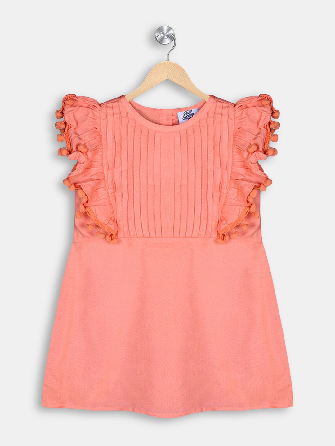 

Hopscotch Kids Girls Peach Pleated Flutter Sleeves Cotton A-Line Dress