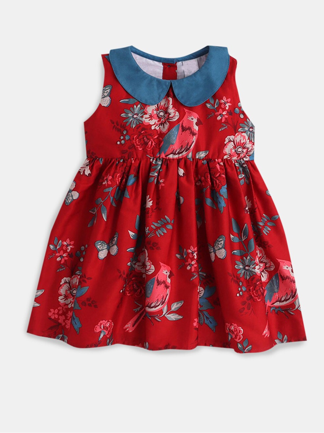 

Hopscotch Girls Red & Blue Floral Printed Peter Pan Collar Fit & Flare Dress