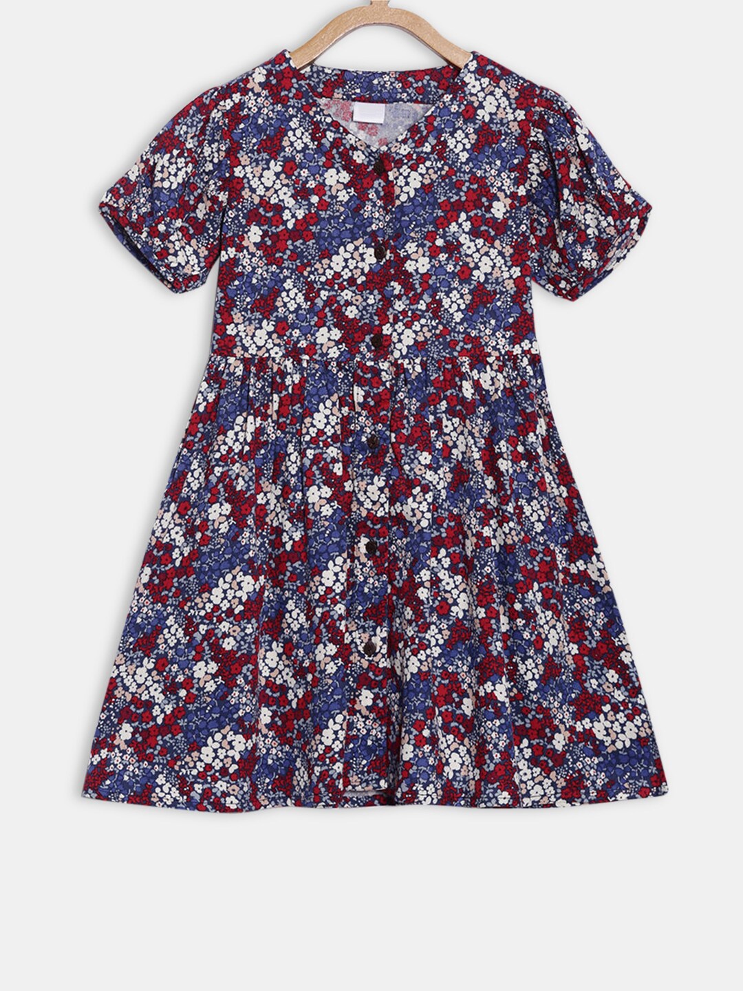 

Hopscotch Girls Blue & Maroon Floral Printed Fit & Flare Dress