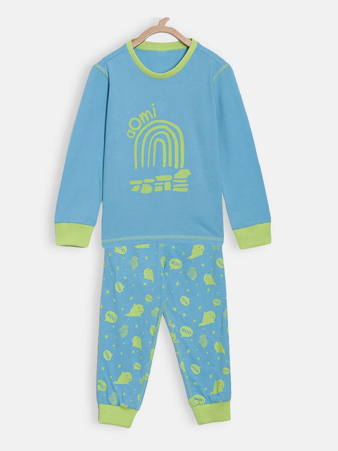 

Hopscotch Boys Blue & Green Graphic Printed Pure Cotton Night suit