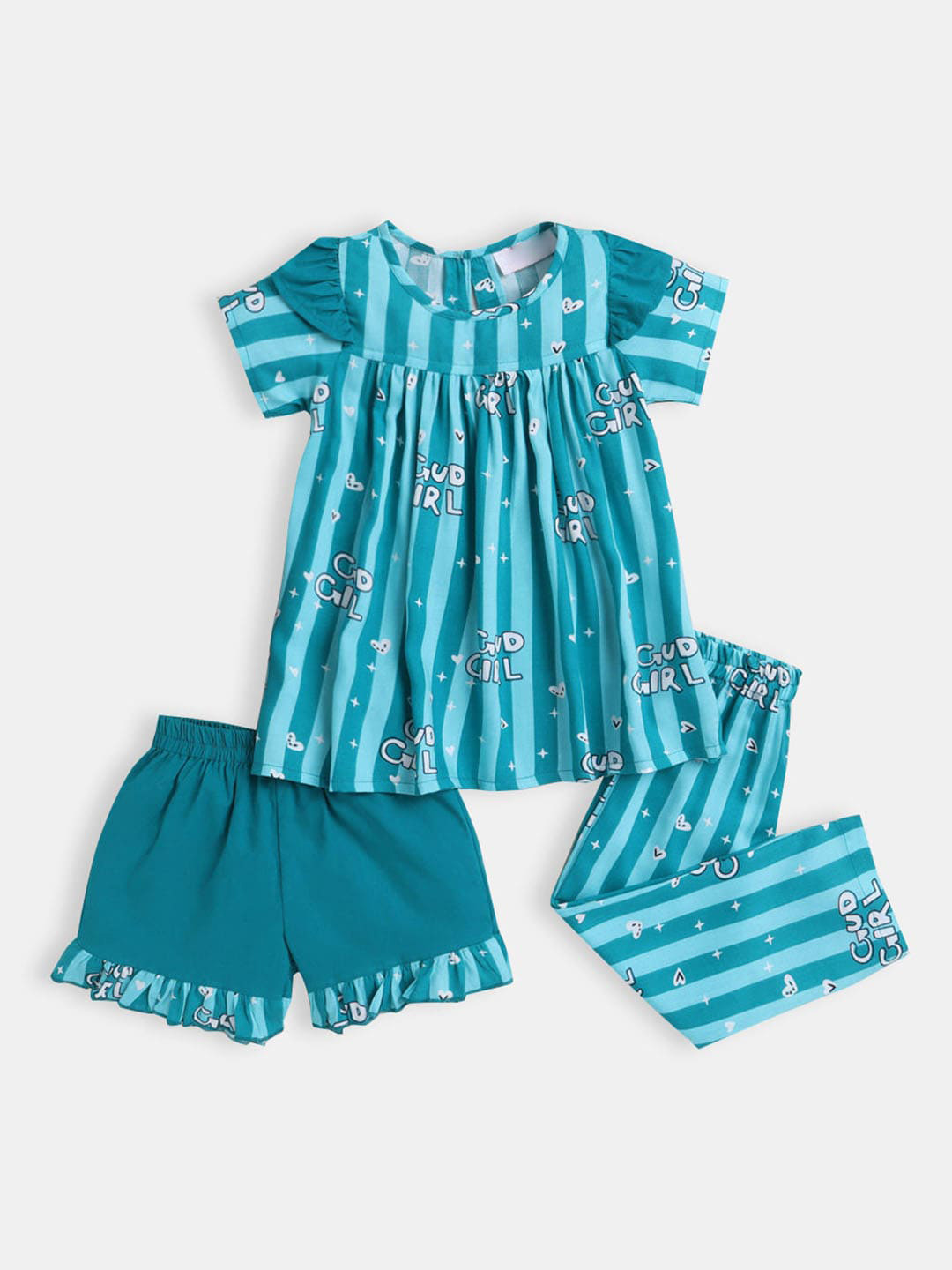 

Hopscotch Girls Green & White Printed Pure Cotton Night suit
