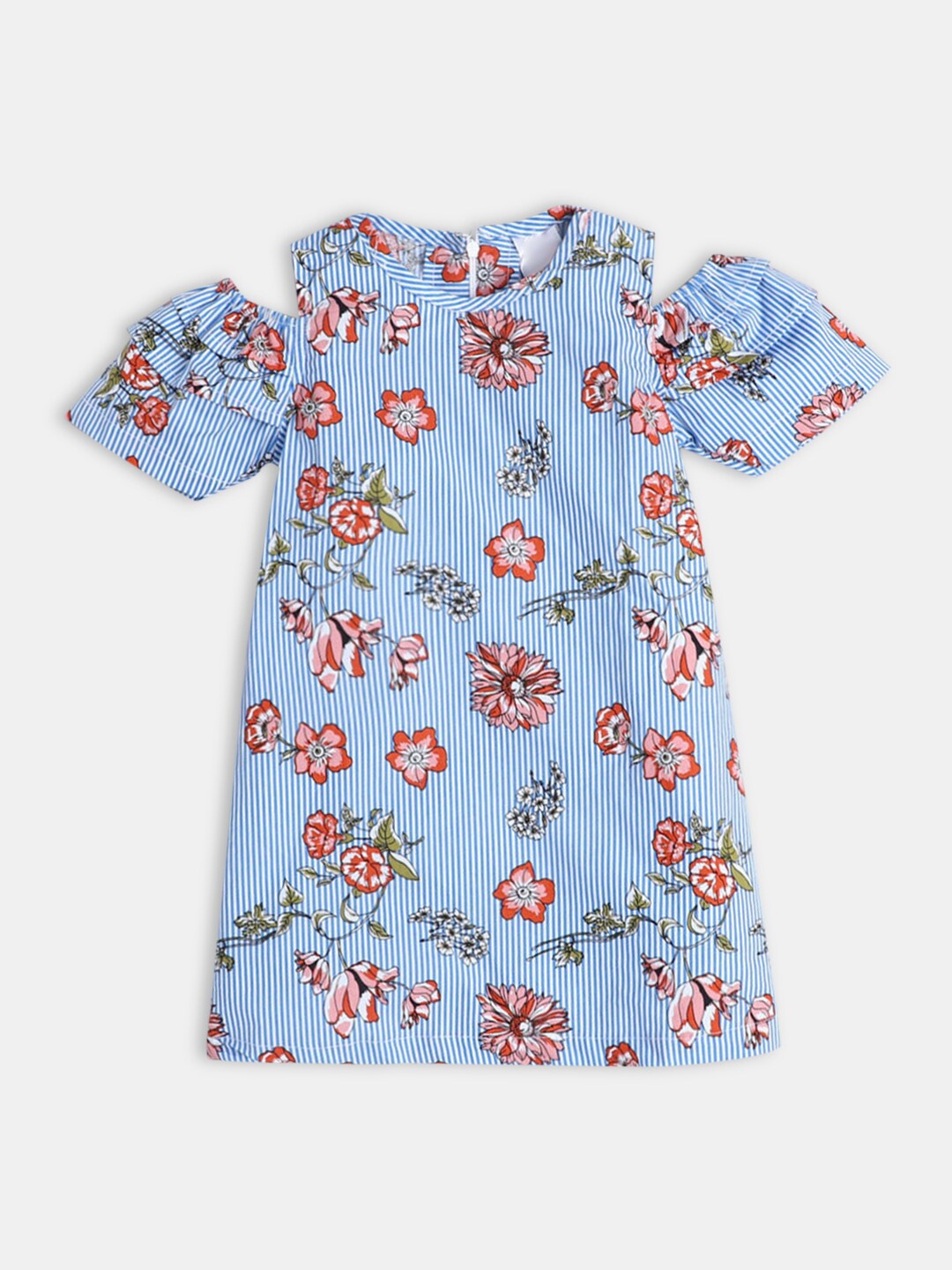 

Hopscotch Girls Blue & Orange Striped & Floral Printed Cold Shoulder A-Line Dress