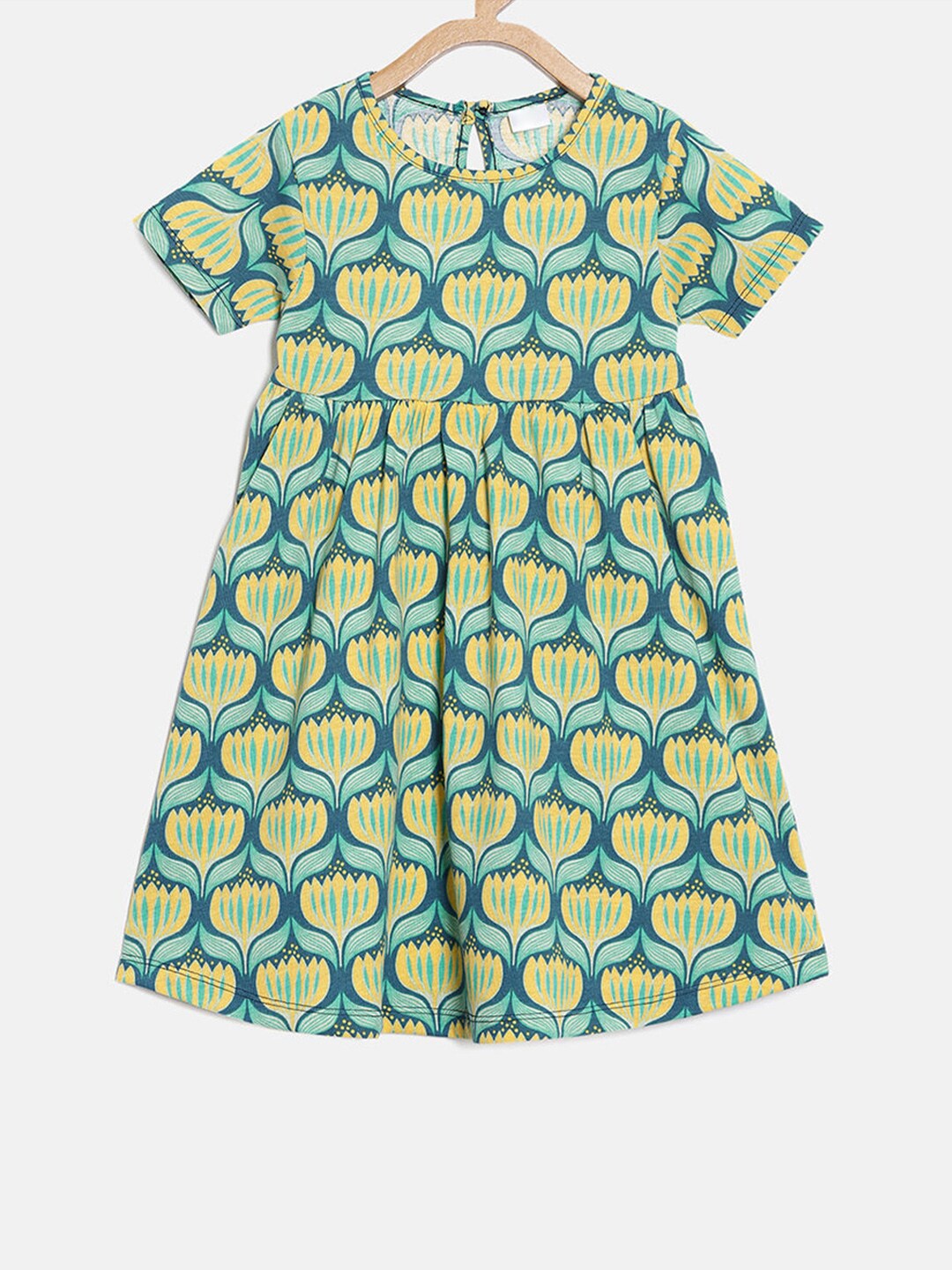 

Hopscotch Girls Teal Green Printed Ethnic Motifs A-Line Dress