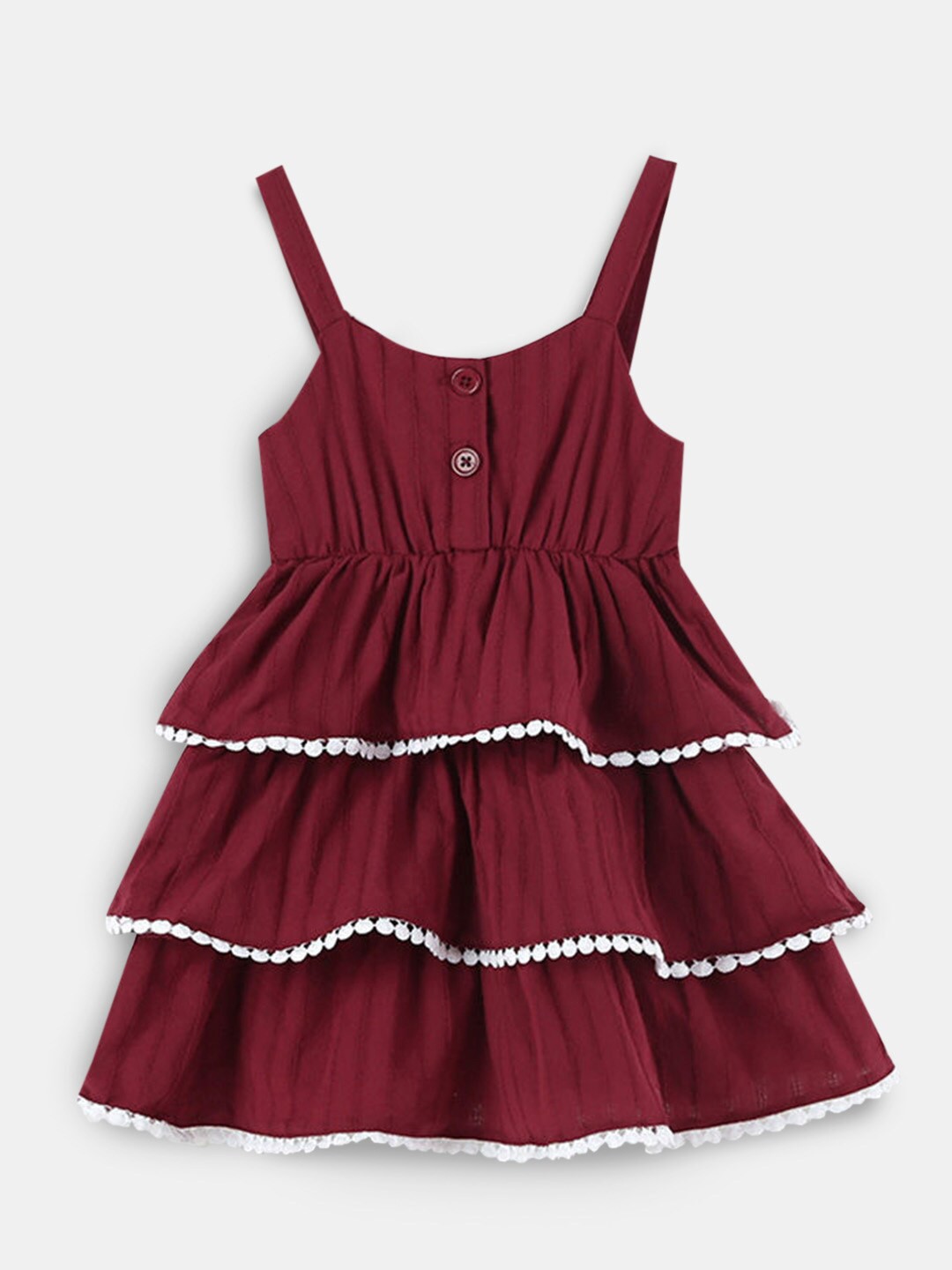 

Hopscotch Girls Maroon Solid Sleeveless Ruffled Cotton Casual Dress