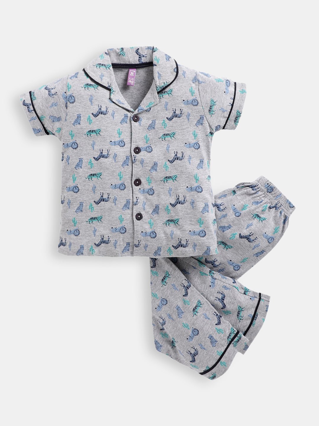 

Hopscotch Girls Grey & Blue Printed Night suit