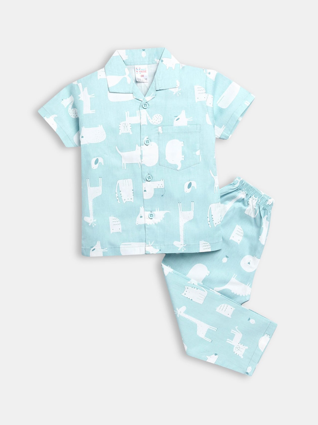

Hopscotch Boys Sea Green & Off White Printed Pure Cotton Night Suit