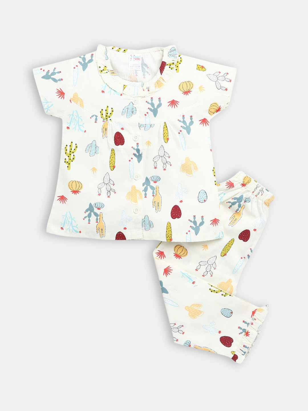 

Hopscotch Girls Off White & Yellow All-Over Printed Night suit