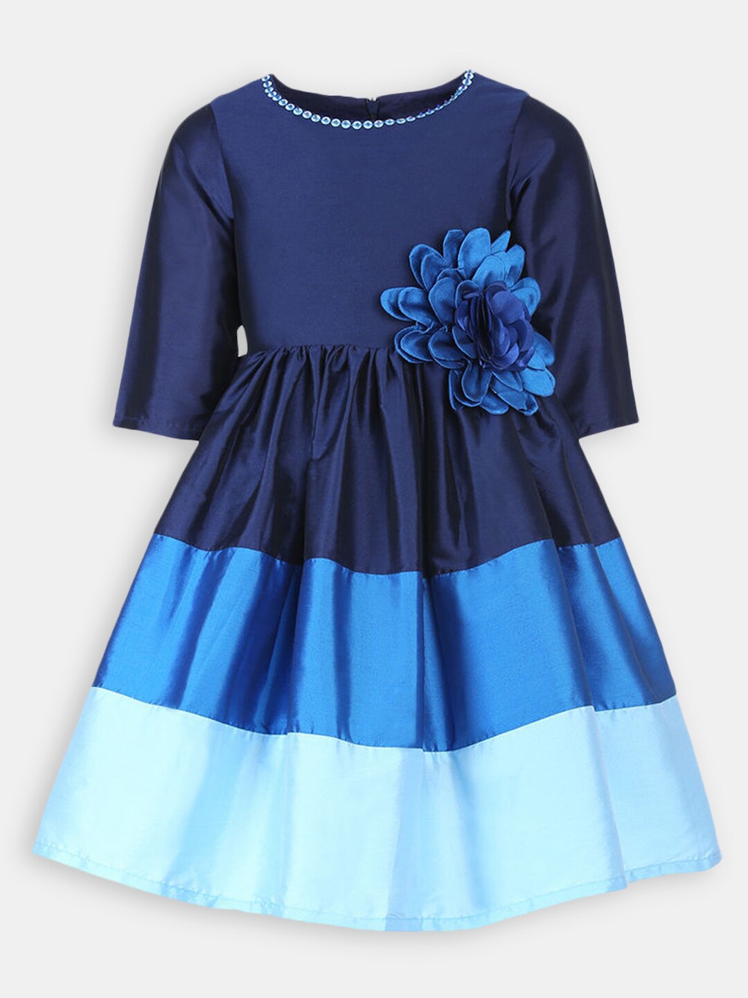 

Hopscotch Girls Navy Blue & Turquoise Blue Colourblocked Fit & flare Midi Dress