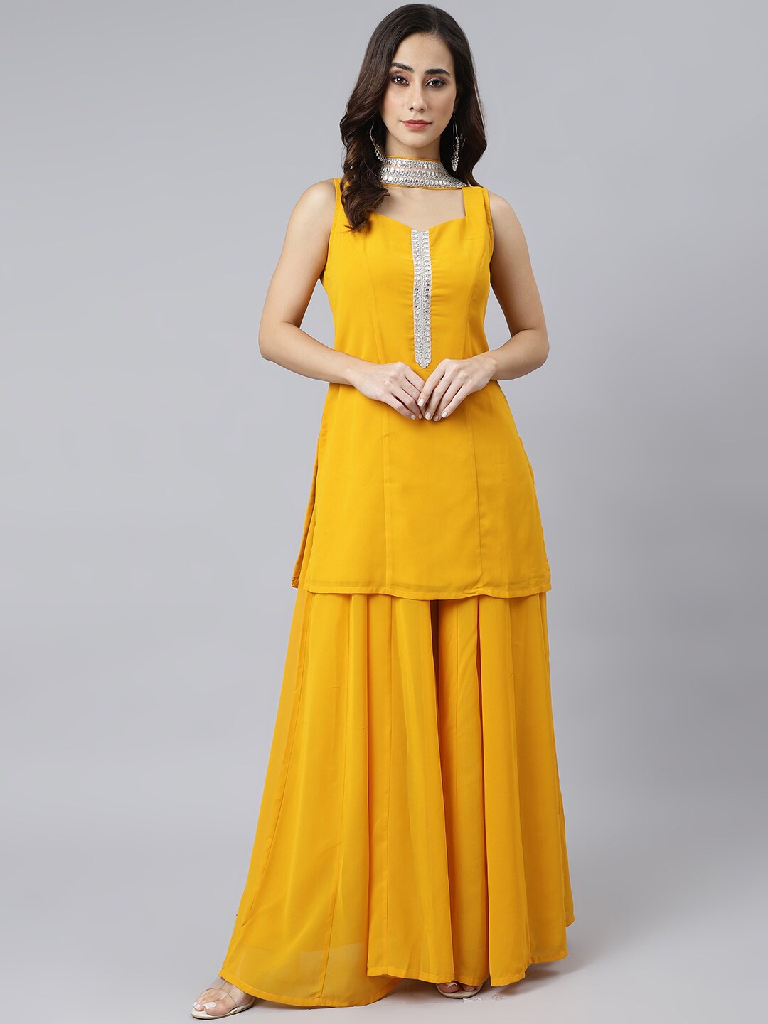 

Janasya Women Embellished Georgette Solid Kurta with Kali Palazzo and Dupatta, Mustard