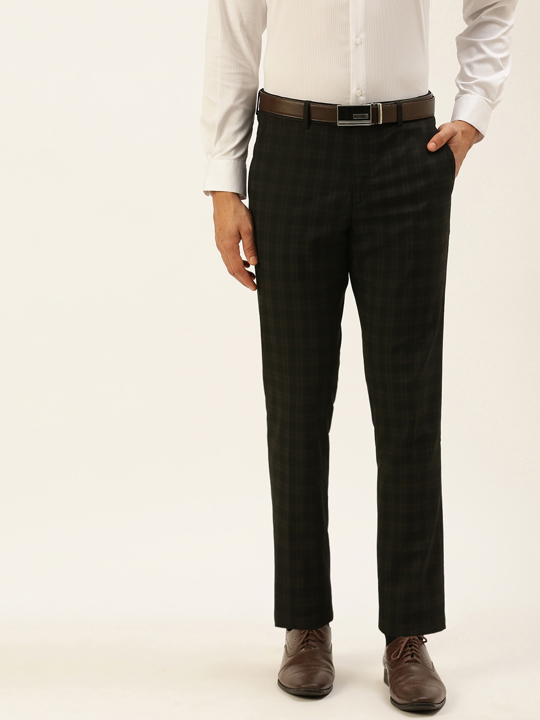 

Peter England Men Black & Brown Checked Slim Fit Formal Trousers