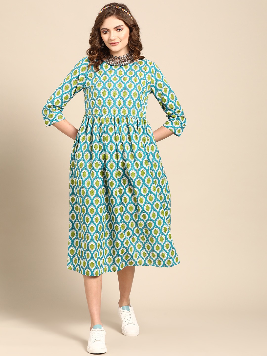 

Sangria Blue & White Ethnic Motifs Ethnic A-Line Midi Dress