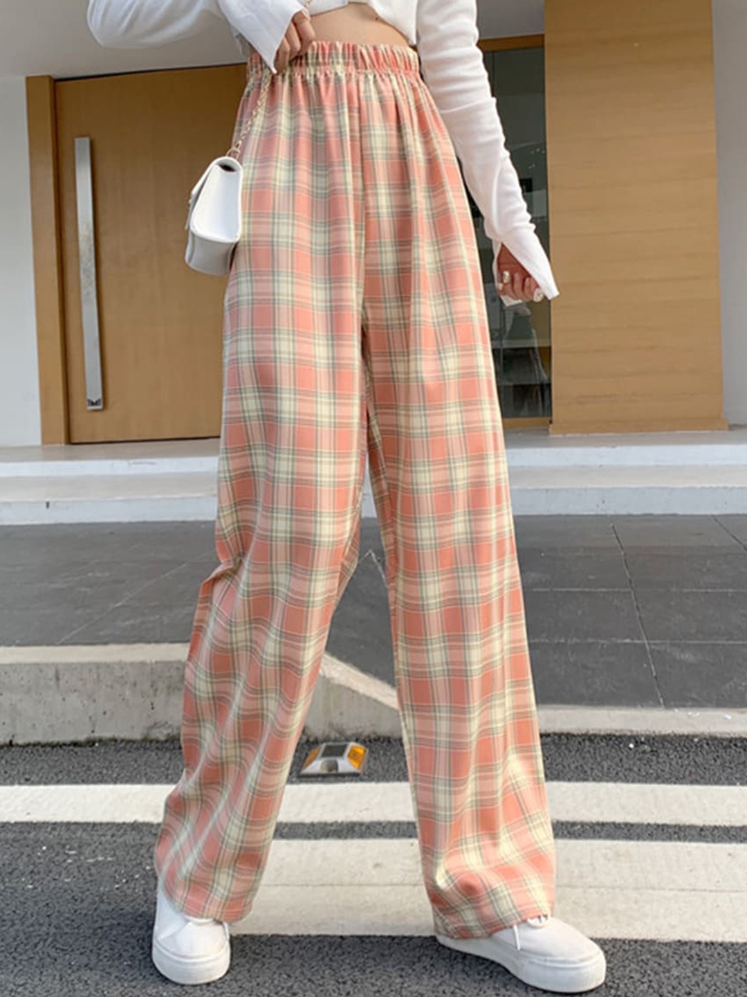 

URBANIC Women Orange Checked Trousers