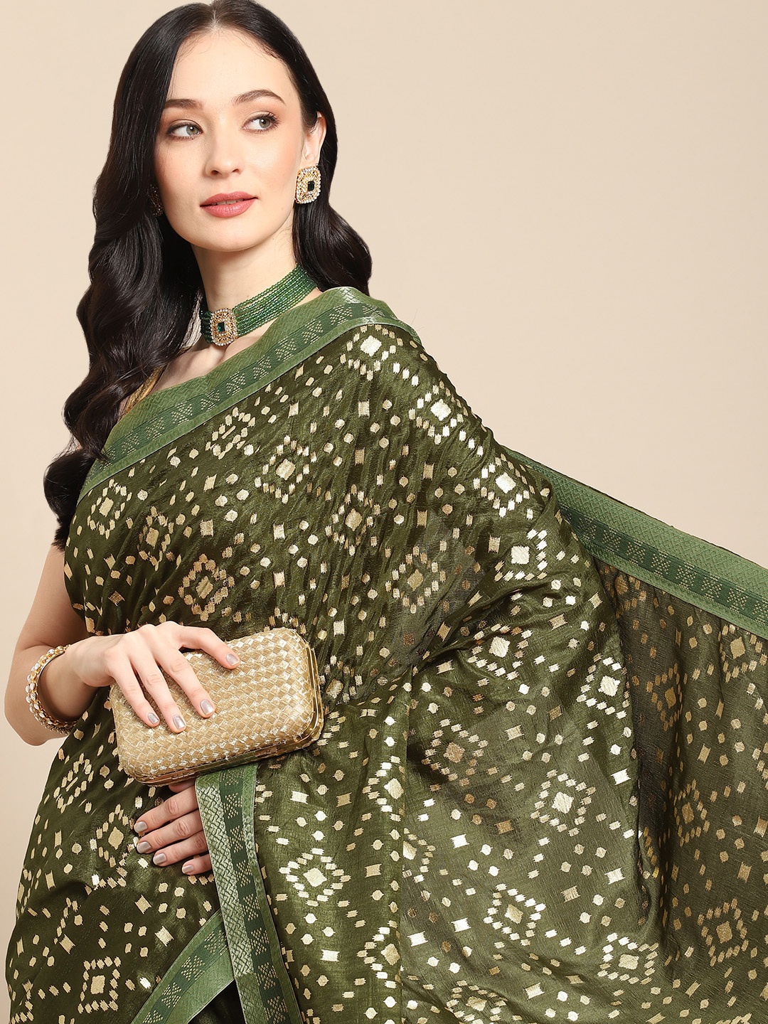 

Nimayaa Olive Green & Gold-Toned Printed Zari Saree