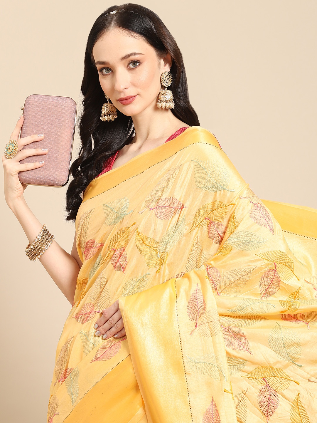 

Nimayaa Mustard Floral Embroidered Satin Saree