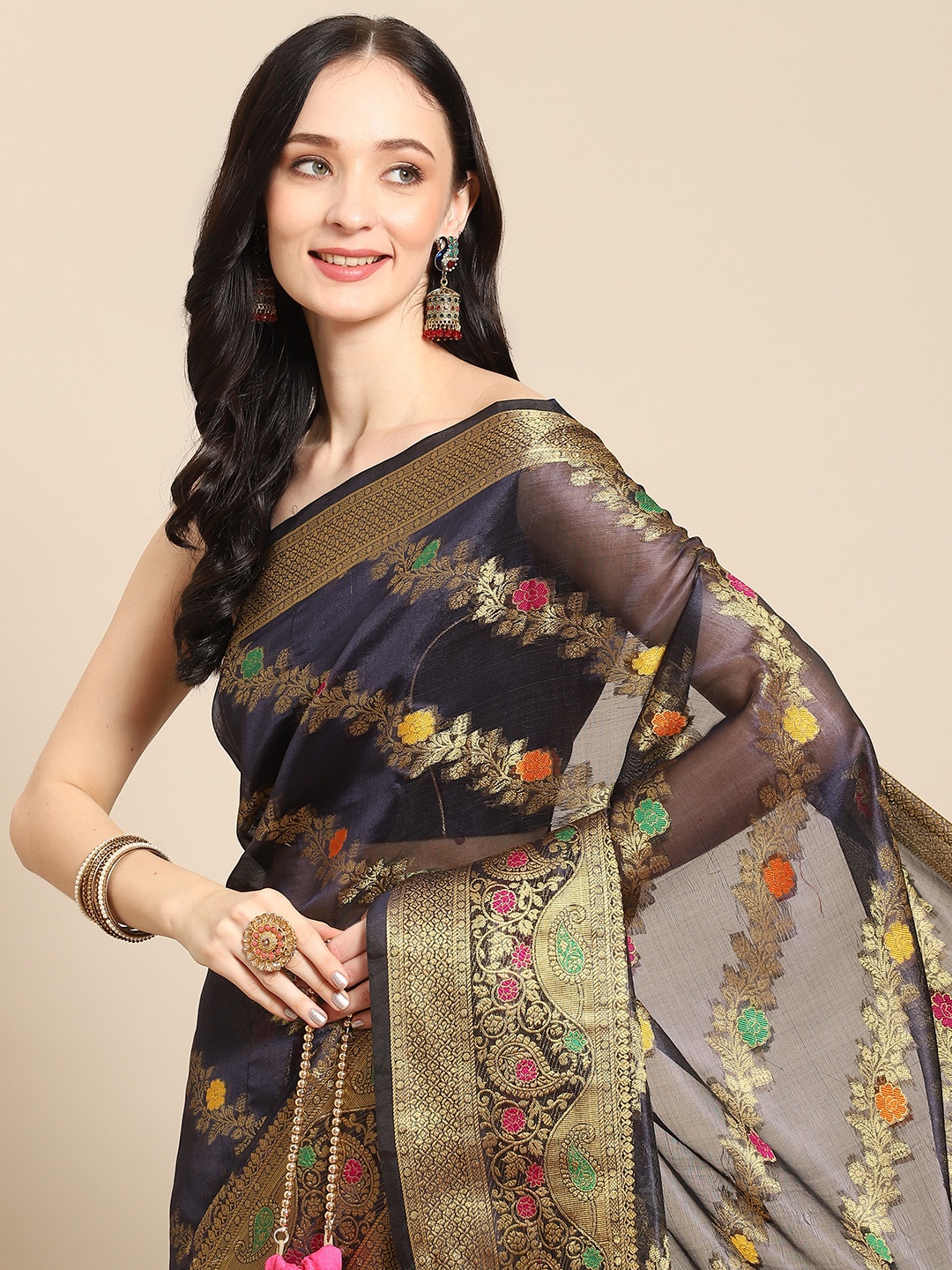 

all about you Navy Blue & Gold-Toned Floral Zari Organza Saree