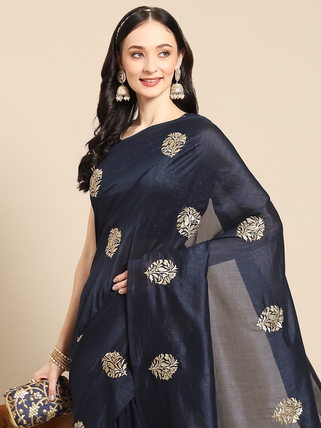 

Nimayaa Navy Blue & Gold-Toned Ethnic Motifs Zari Saree