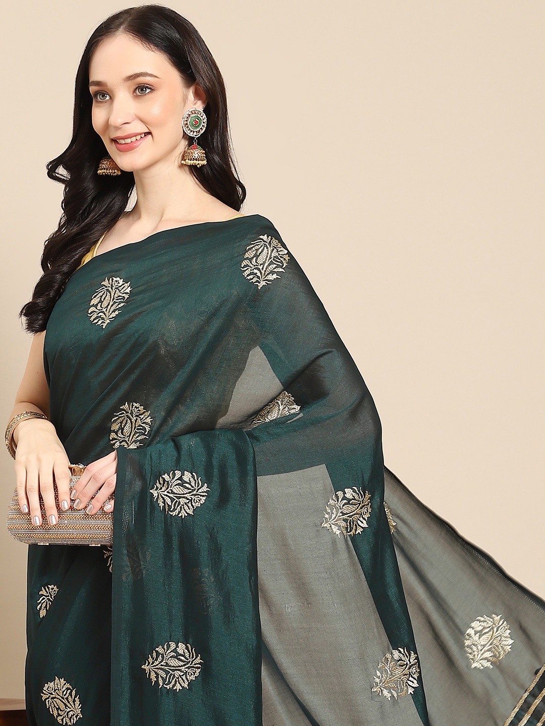 

all about you Green & Gold-Toned Ethnic Motifs Zari Saree