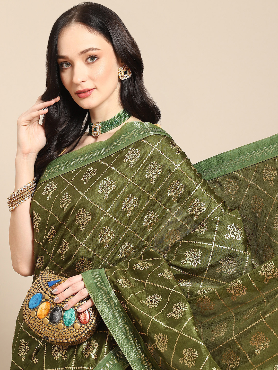 

Nimayaa Olive Green & Gold-Toned Floral Zari Saree