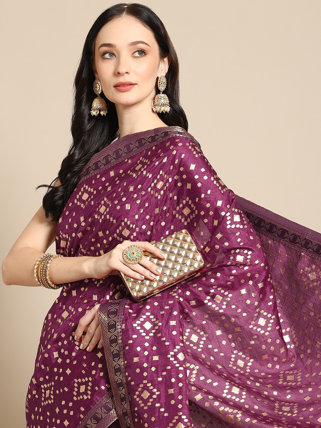 

Nimayaa Purple & Gold-Toned Printed Zari Saree