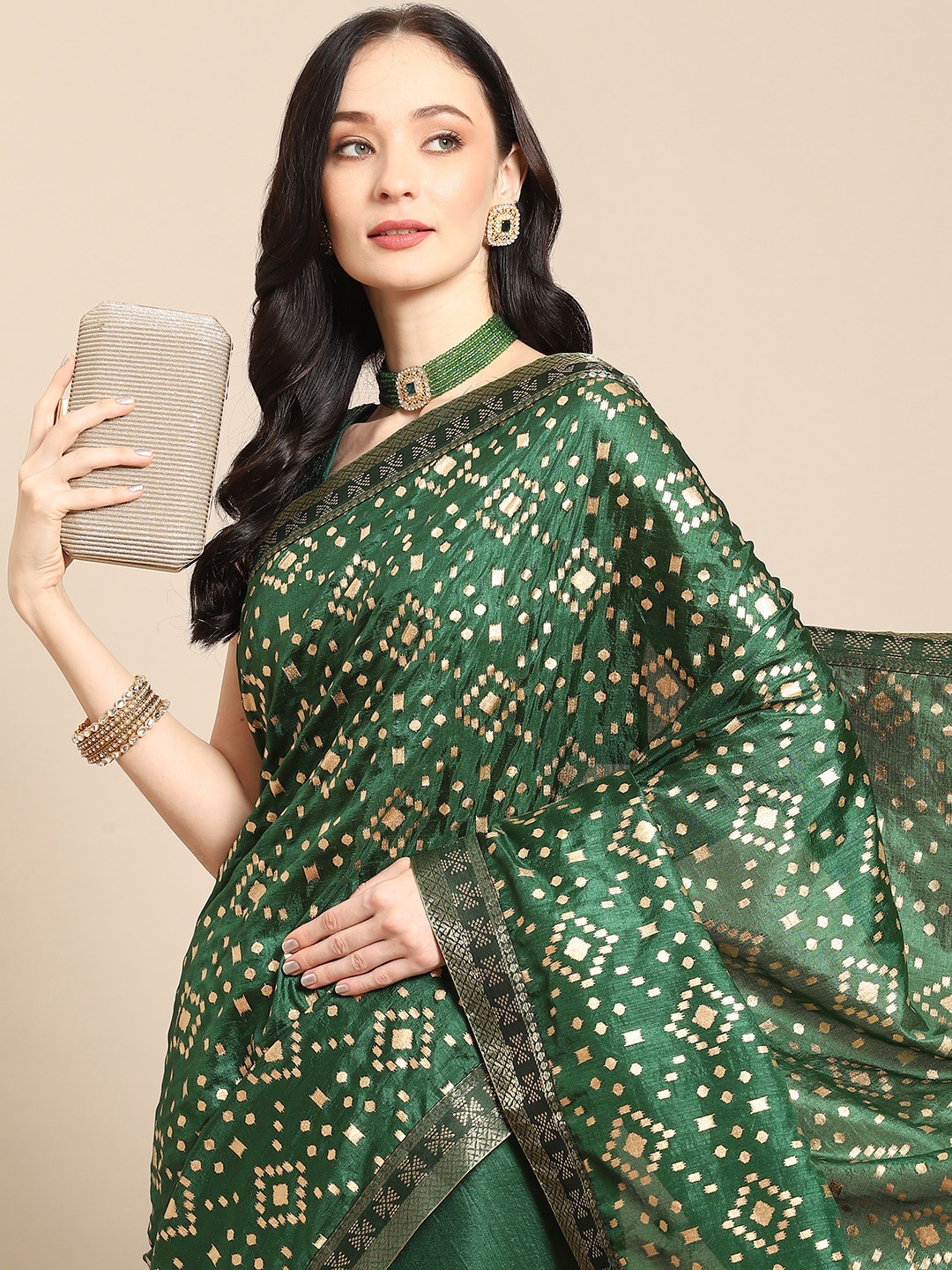 

Nimayaa Green & Gold-Toned Printed Zari Saree