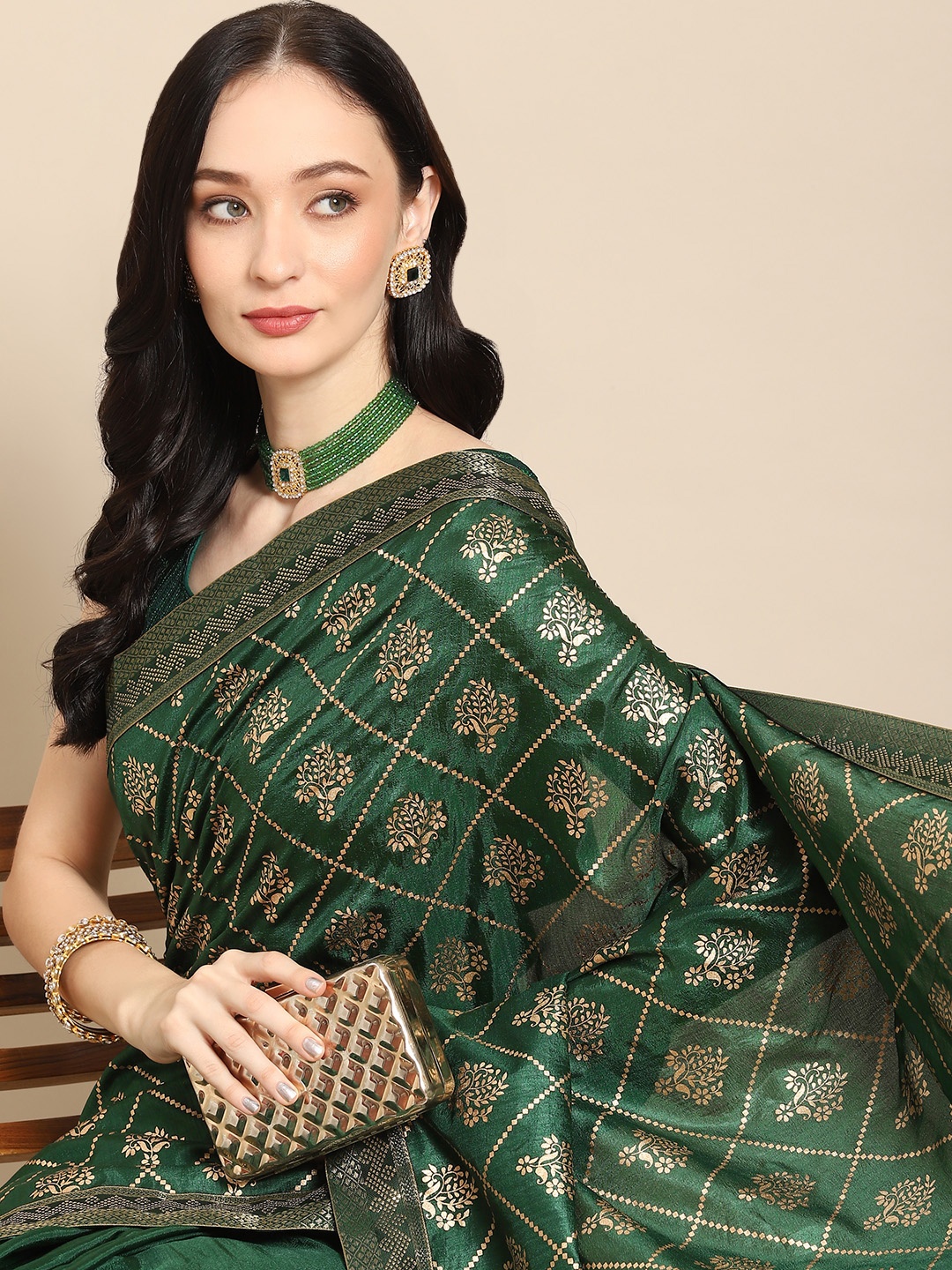 

Nimayaa Green & Gold-Toned Floral Zari Saree