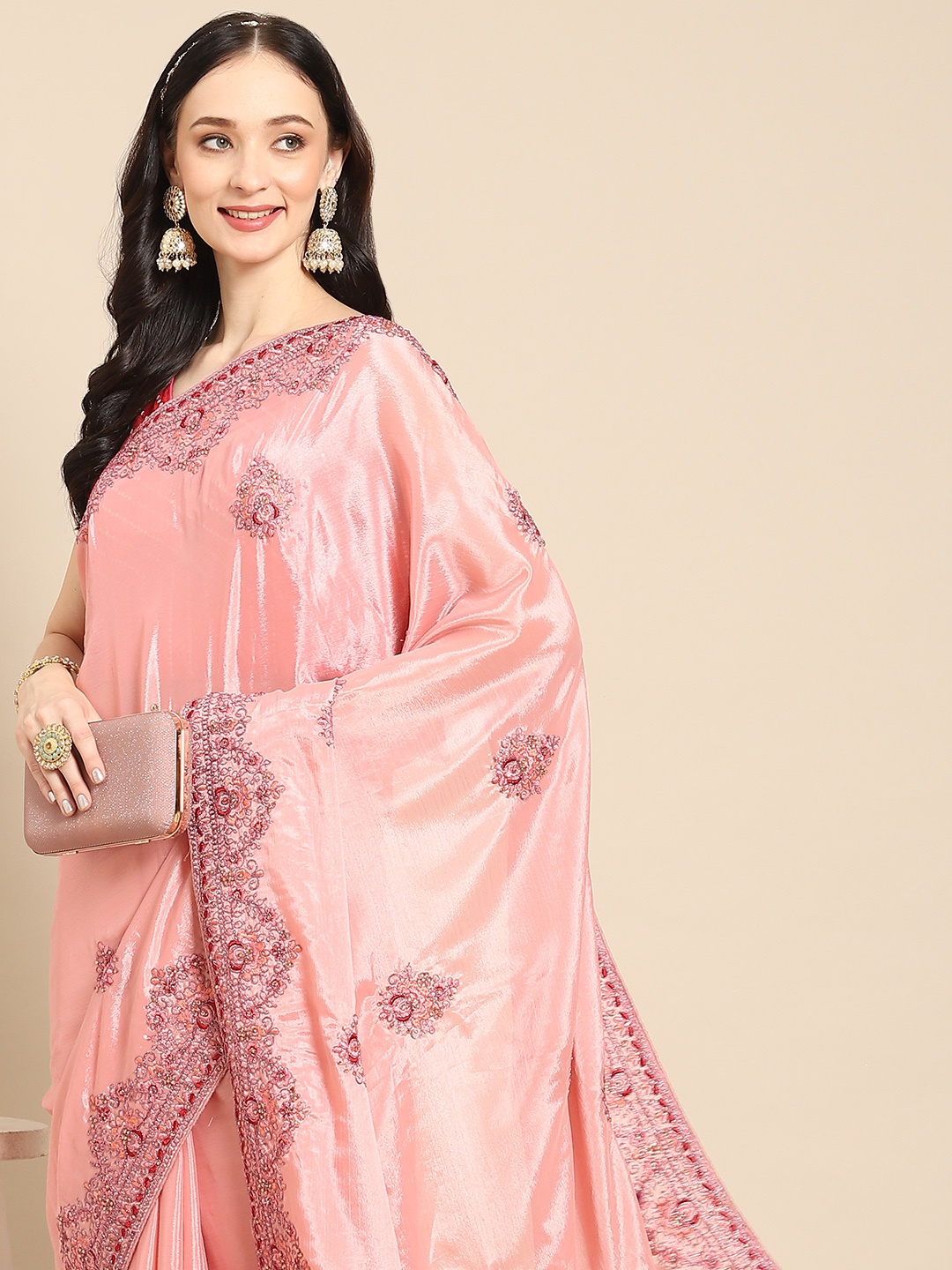 

Nimayaa Pink Ethnic Motifs Embroidered Satin Saree
