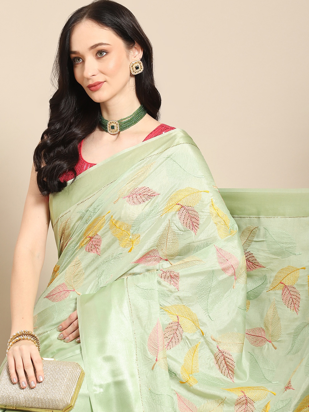 

Nimayaa Green & Pink Floral Embroidered Satin Saree