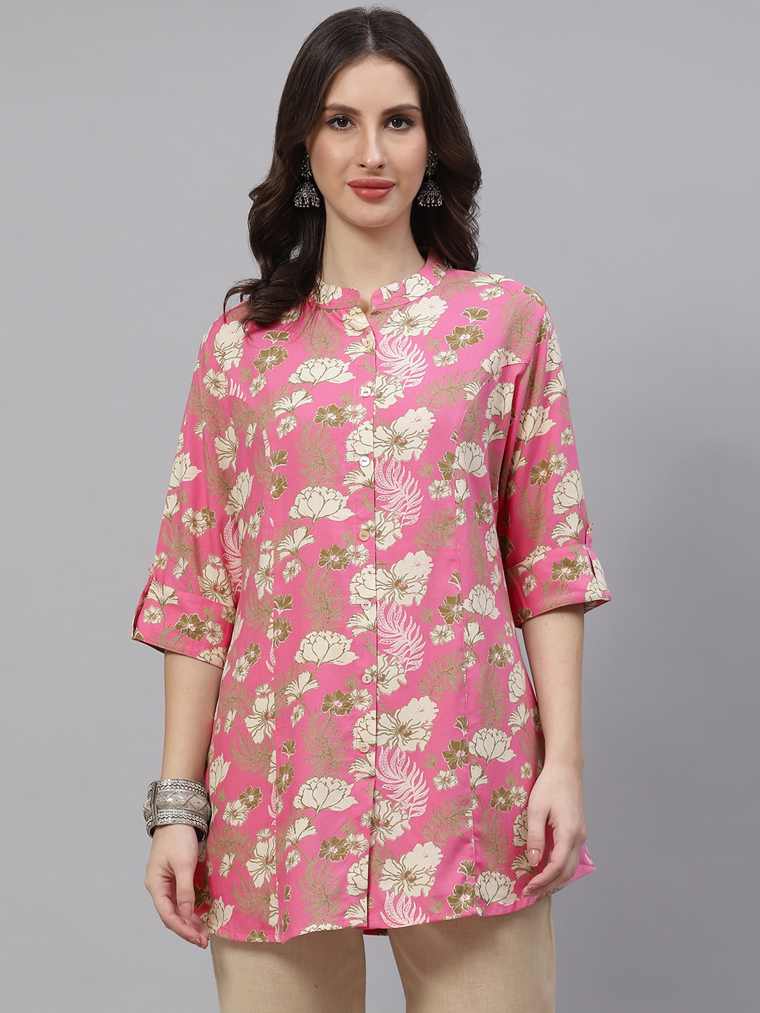 

Divena Pink & Beige Floral Print Roll-Up Sleeves Shirt Style Top