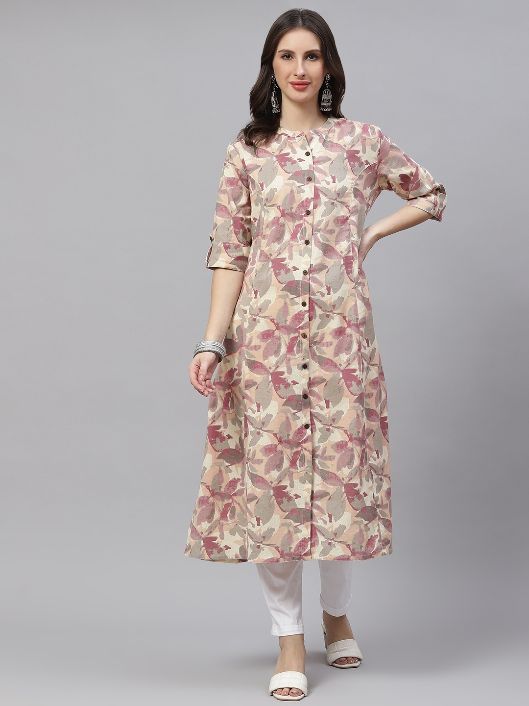 

Divena Women Beige & Purple Cotton Linen Floral Printed A-line Kurta