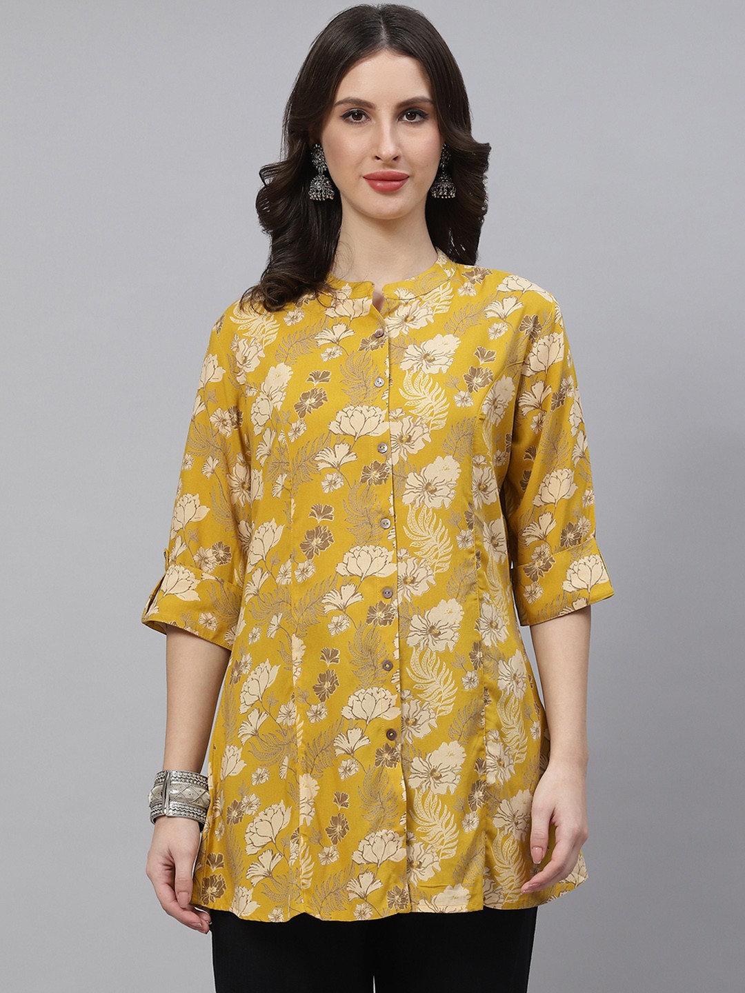 

Divena Mustard Yellow & Beige Floral Print Roll-Up Sleeves Shirt Style Top