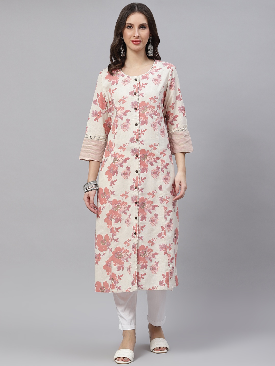 

Divena Women Cream-Coloured Cotton Linen Floral Printed A-line Kurta