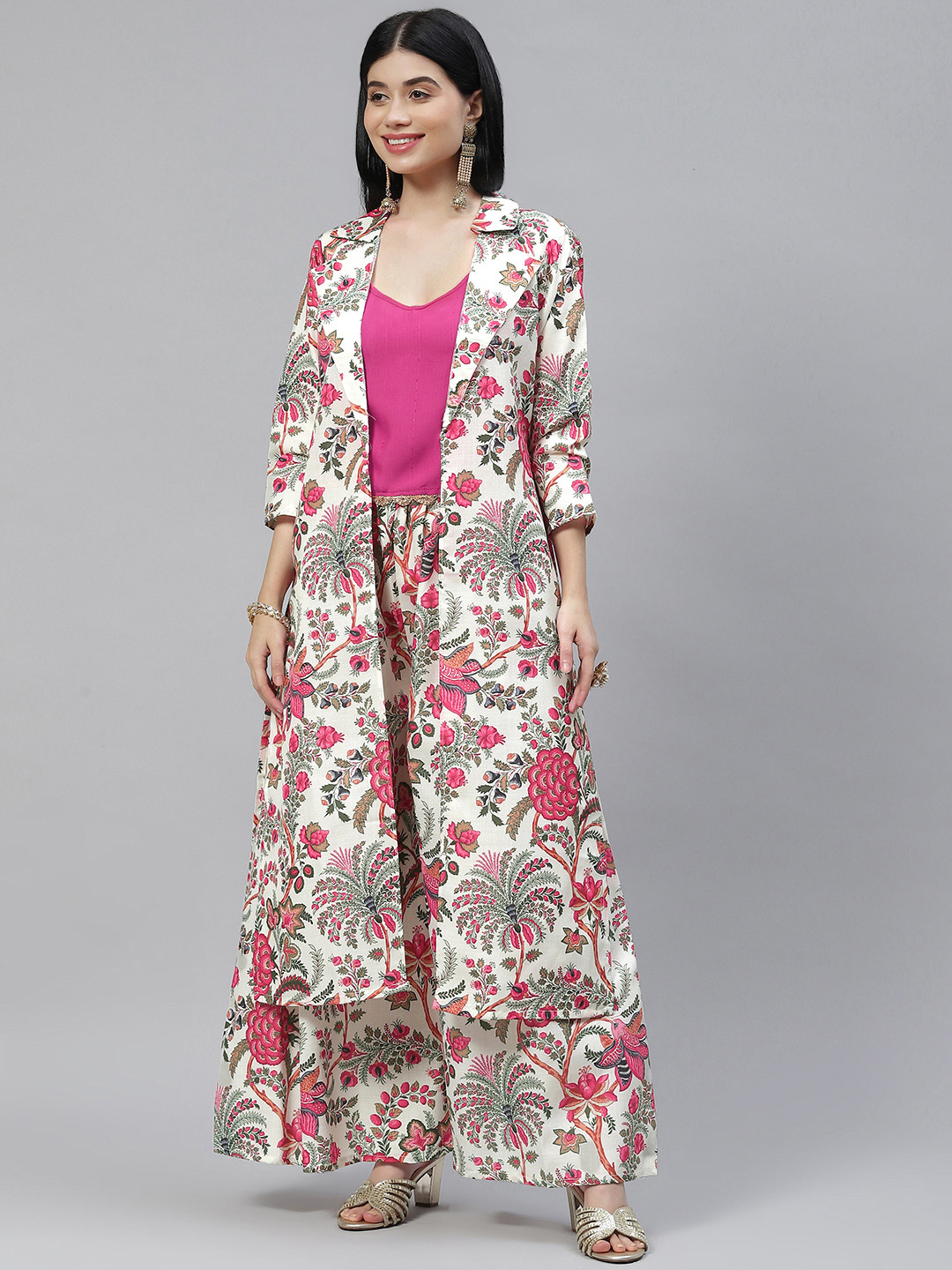 

SERONA FABRICS Women Pink Floral Printed Pure Cotton Top with Palazzos
