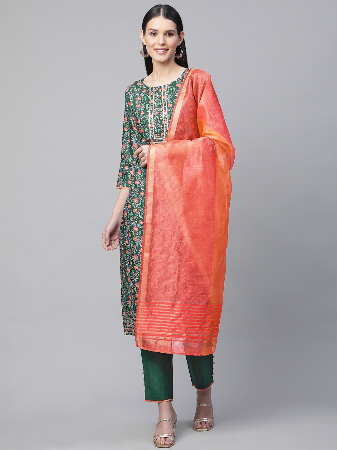 

SERONA FABRICS Women Floral Printed Kurta with Trousers & With Dupatta, Teal