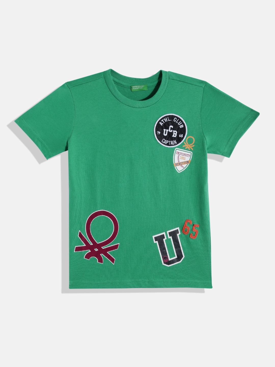 

United Colors of Benetton Boys Varsity Printed Pure Cotton Applique T-shirt, Green