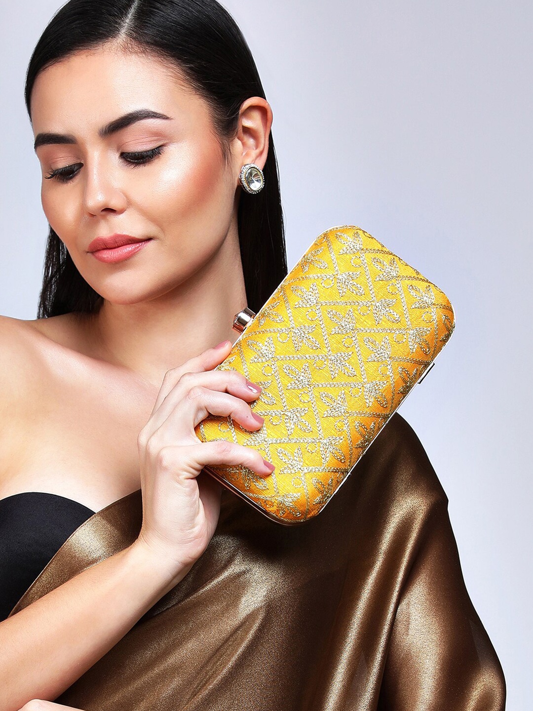 

Rubans Yellow & Gold-Toned Embroidered Box Clutch