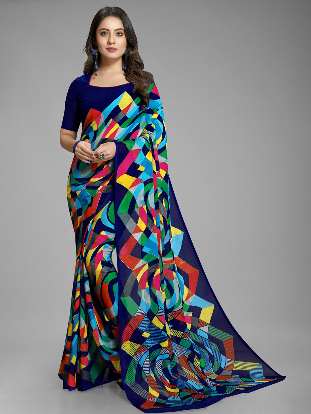 

KALINI Blue & Yellow Pure Georgette Block Print Saree