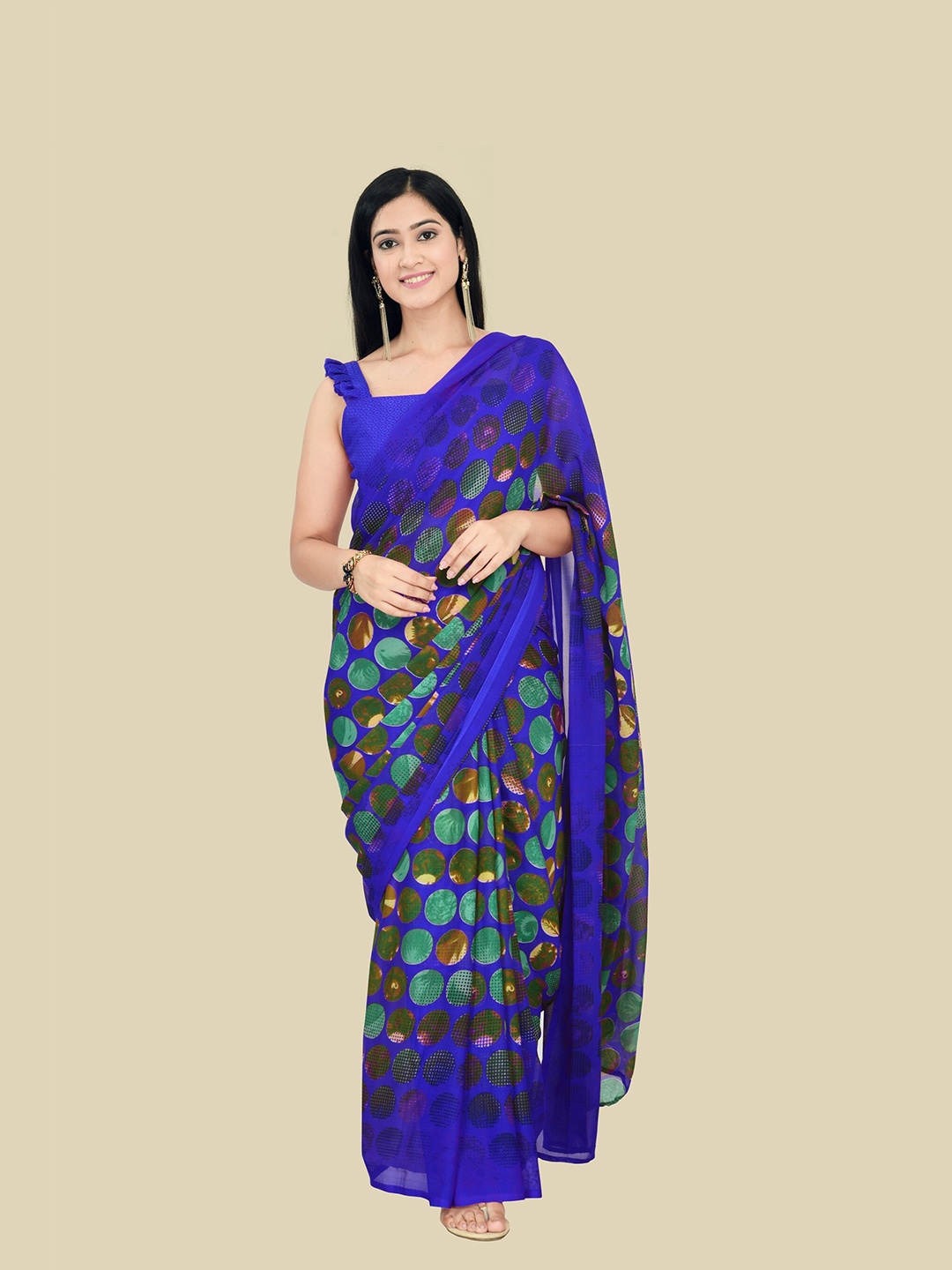 

KALINI Blue & Green Pure Georgette Block Print Saree