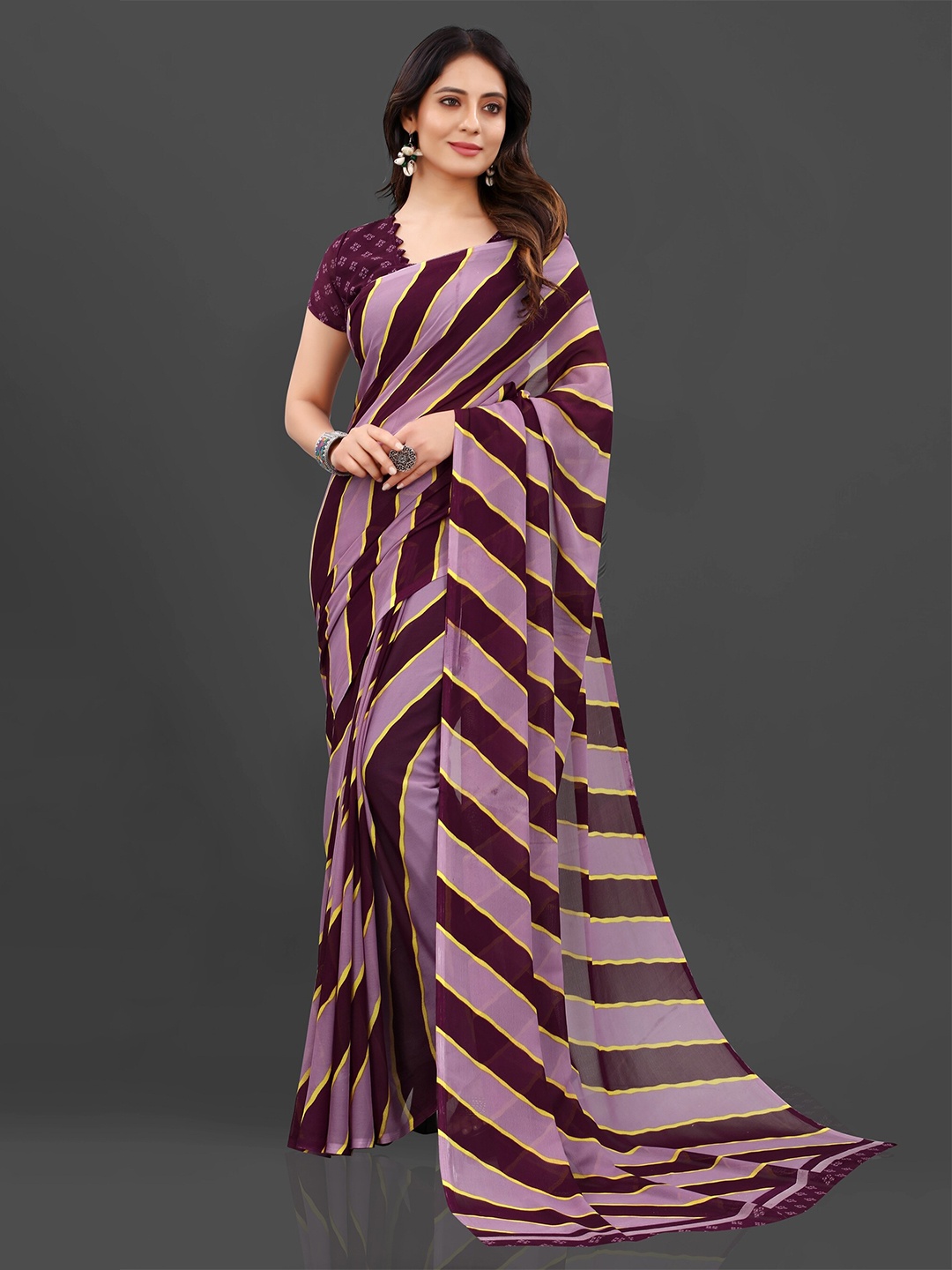 

KALINI Purple & Yellow Striped Pure Georgette Block Print Saree