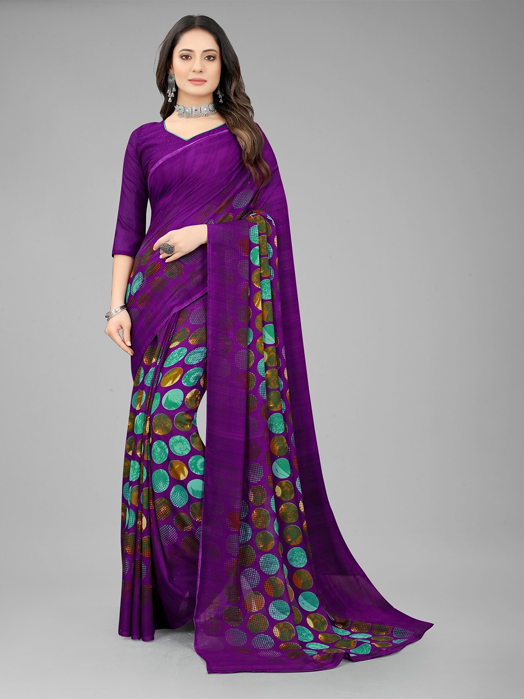 

KALINI Purple & Green Pure Georgette Block Print Saree