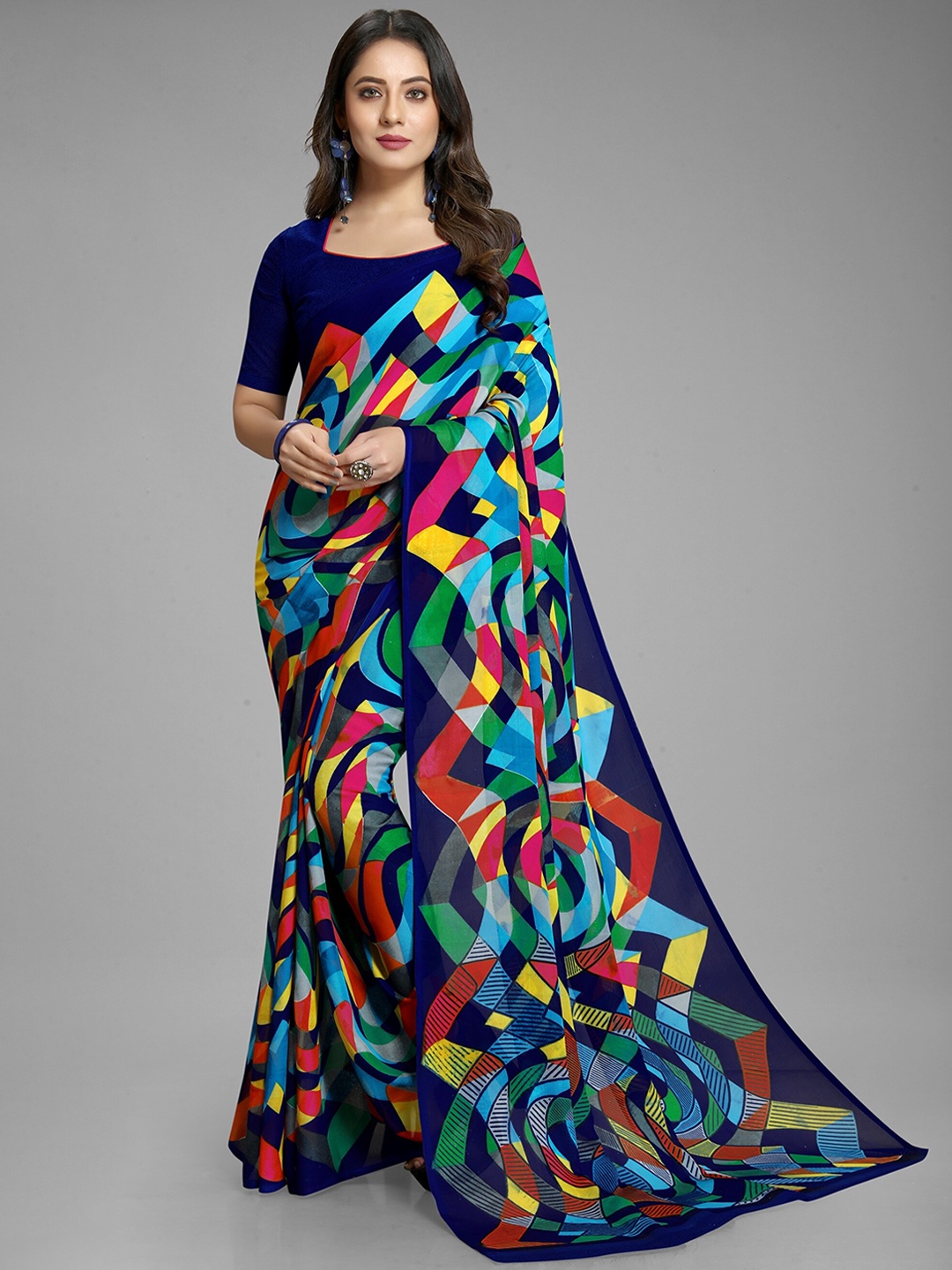 

KALINI Navy Blue & Blue Pure Georgette Block Print Saree